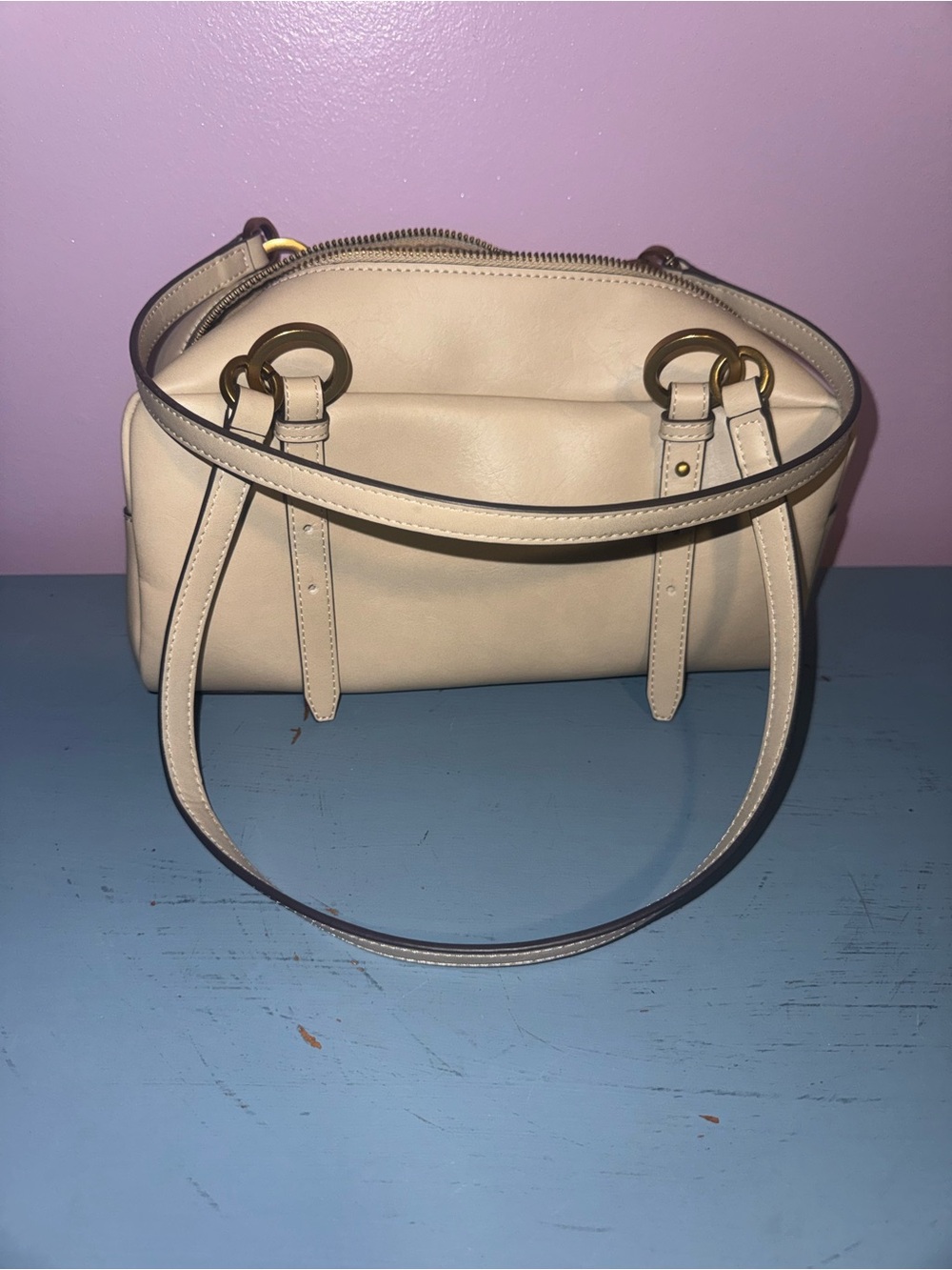 Women's Cream Leather Shoulder Bag with Gold Rings